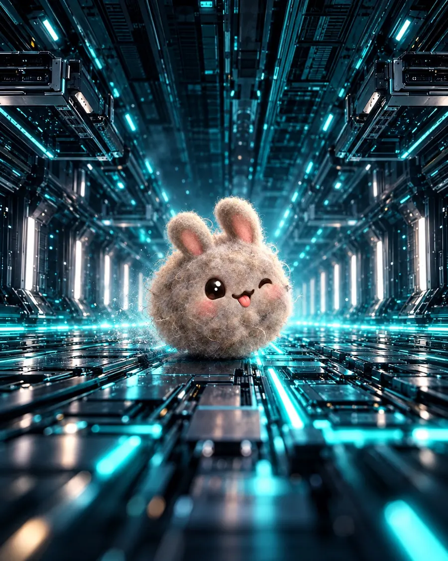 A fluffy dust bunny winking inside a glowing quantum computer corridor