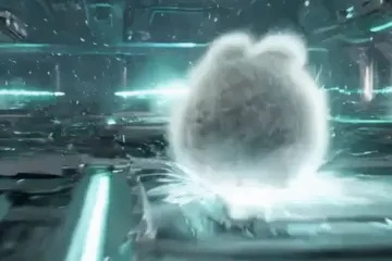 Still of the dust bunny landing in a burst of sparks